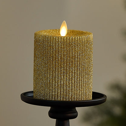 Rich Gold Glitter Ribbed Flameless Candle Pillar