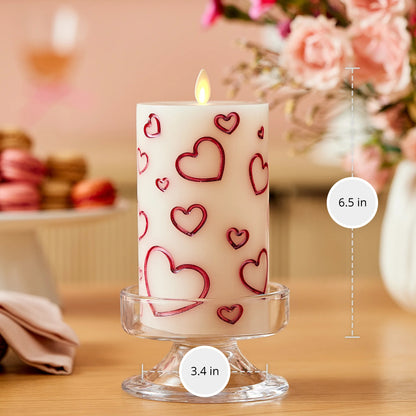 White Porcelain with Metallic Raspberry Hearts Flameless Candle Pillar