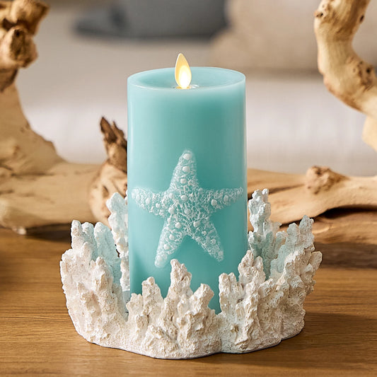 Soft Teal Embossed Starfish Flameless Candle Pillar