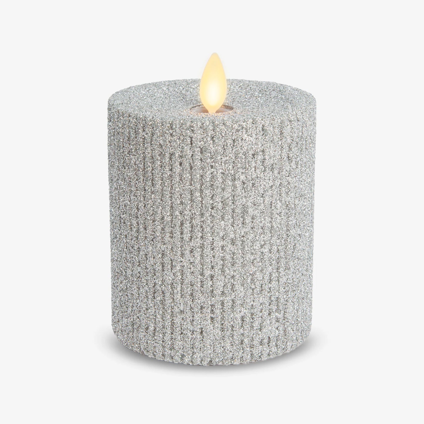 Brilliant Silver Glitter Ribbed Flameless Candle Pillar