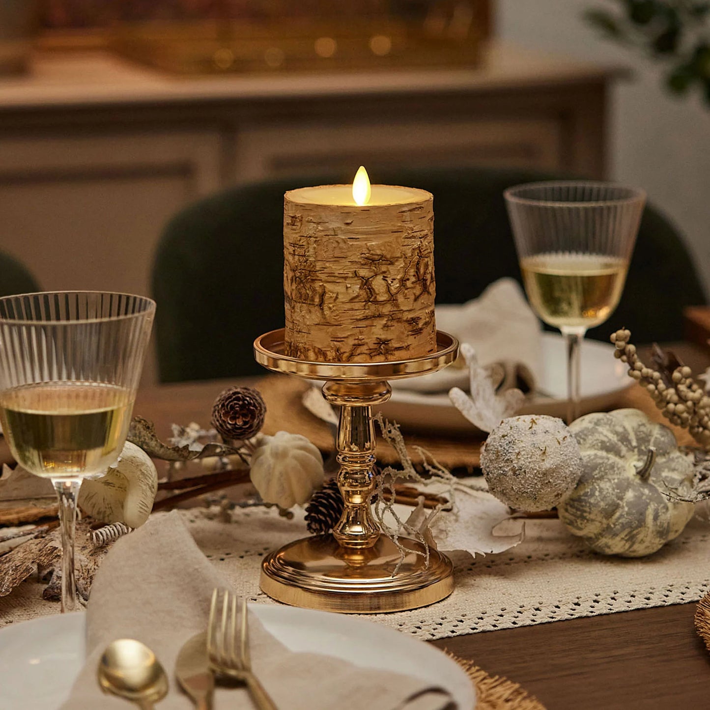Real Birch Wood Flameless Candle Pillar - Recessed Top - 3.5" Width
