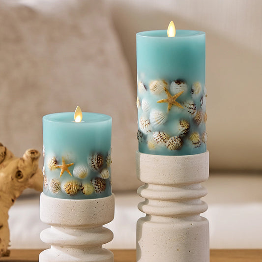 Soft Teal Embedded Seashell & Starfish Flameless Candle Pillar