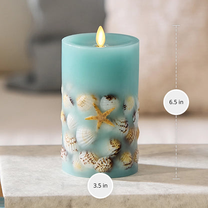 Soft Teal Embedded Seashell & Starfish Flameless Candle Pillar
