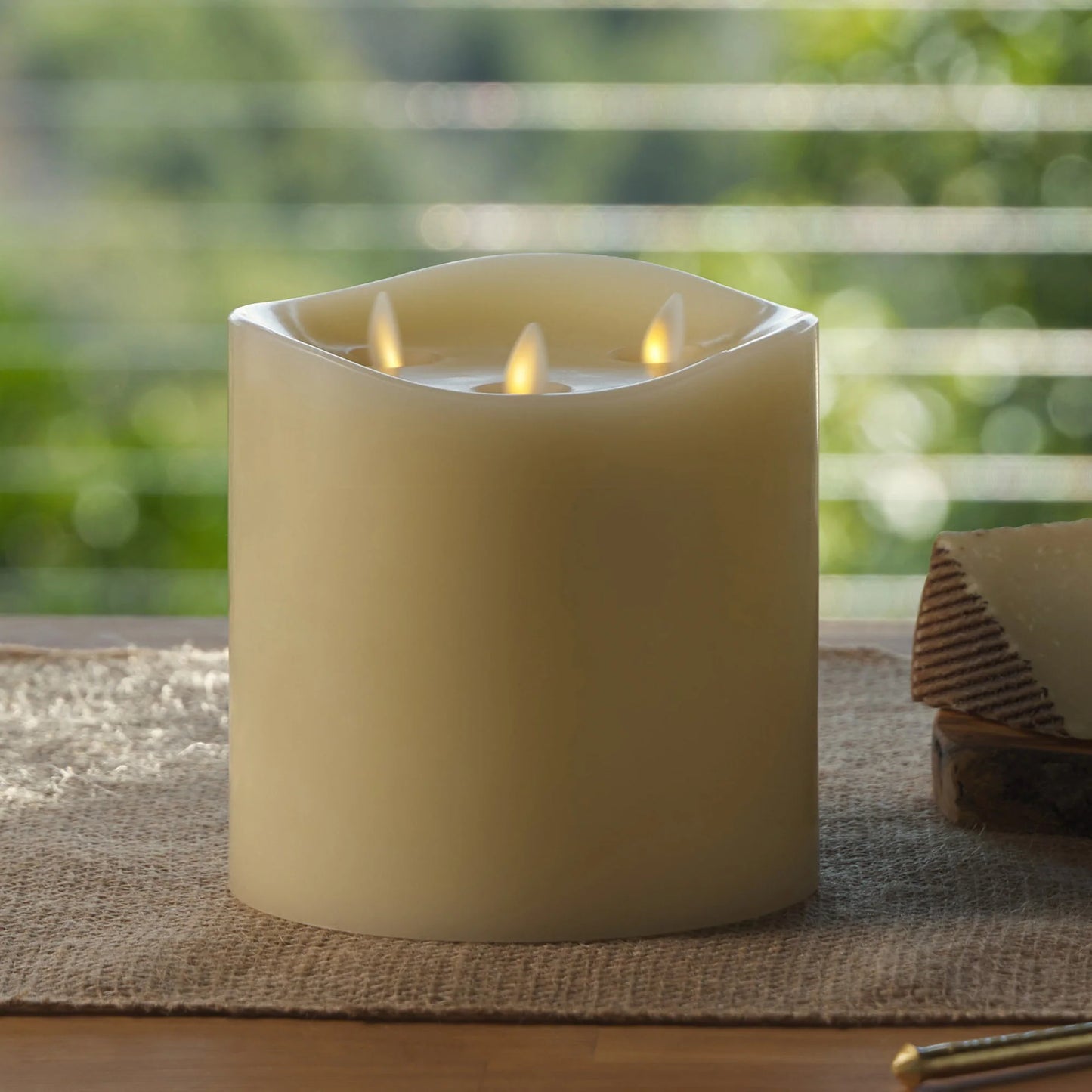 Ivory Flameless Candle Tri-Flame Grand Pillar - Melted Top