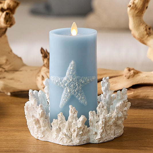 Soft Chambray Embossed Starfish Flameless Candle Pillar