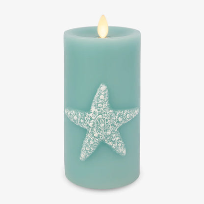 Soft Teal Embossed Starfish Flameless Candle Pillar