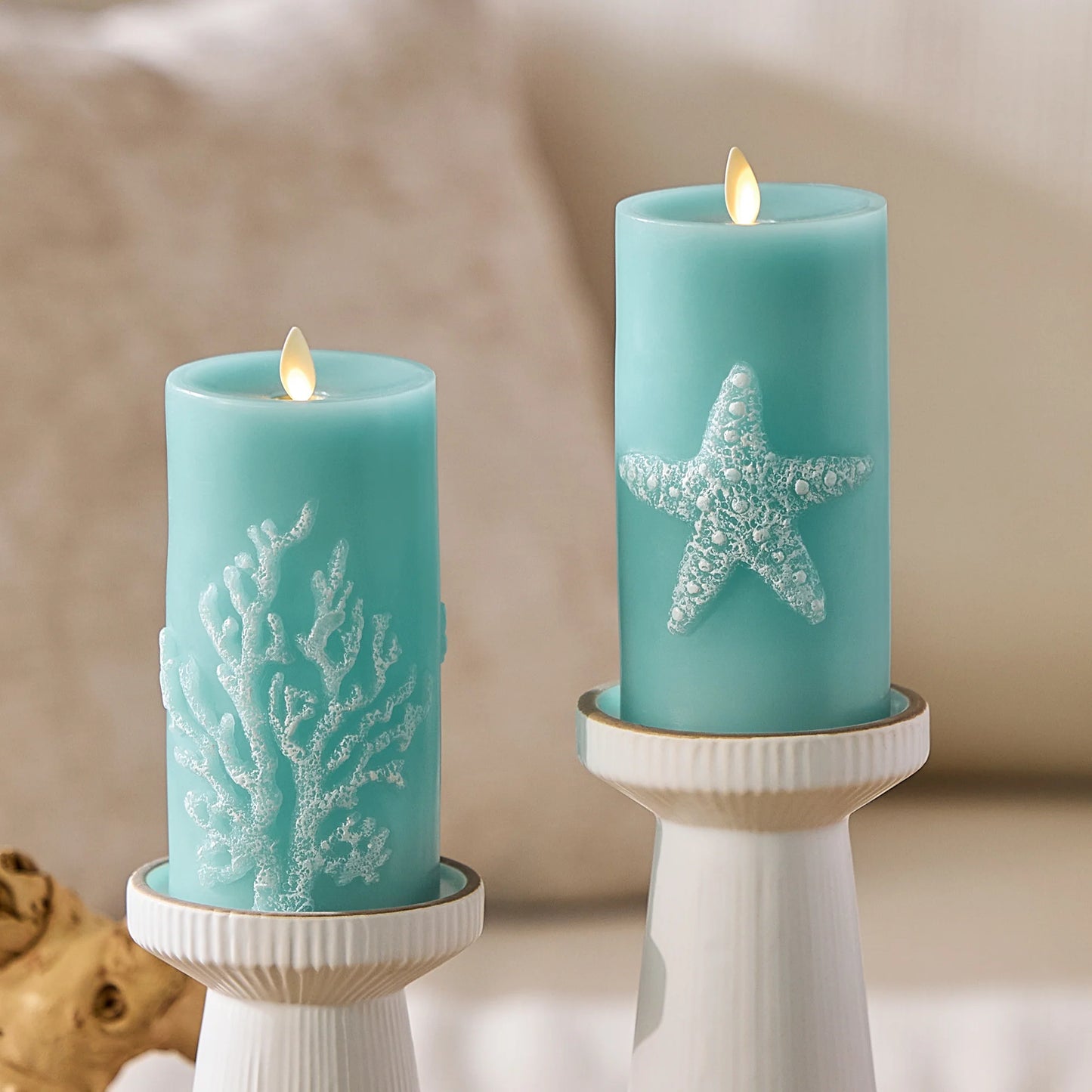 Soft Teal Embossed Starfish Flameless Candle Pillar