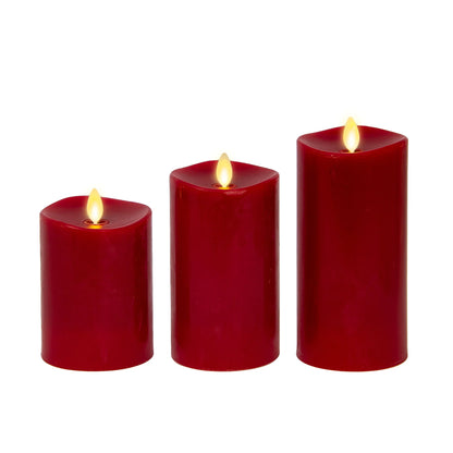 Burgundy Flameless Candle Pillars with Remote - Melted Top - Set of 3