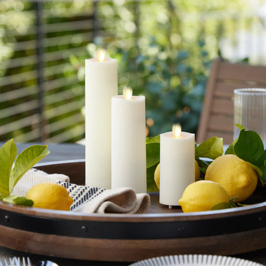Pearl Ivory Outdoor Flameless Candle Slim Pillar - Melted Top - 2" Width