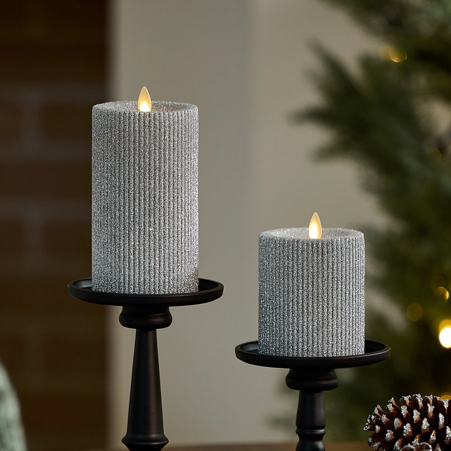 Brilliant Silver Glitter Ribbed Flameless Candle Pillar