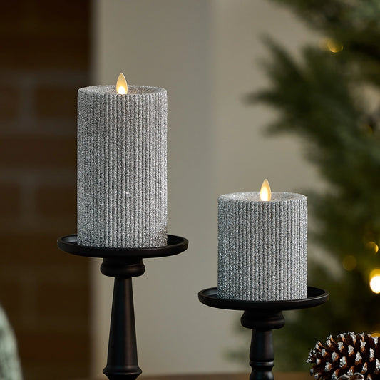 Brilliant Silver Glitter Ribbed Flameless Candle Pillar