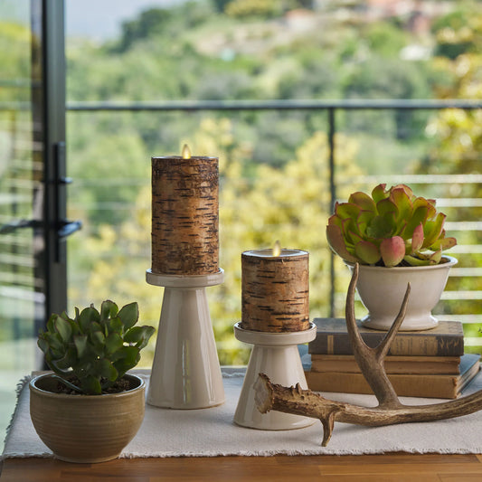 Real Birch Wood Flameless Candle Pillar - Recessed Top - 3.5" Width