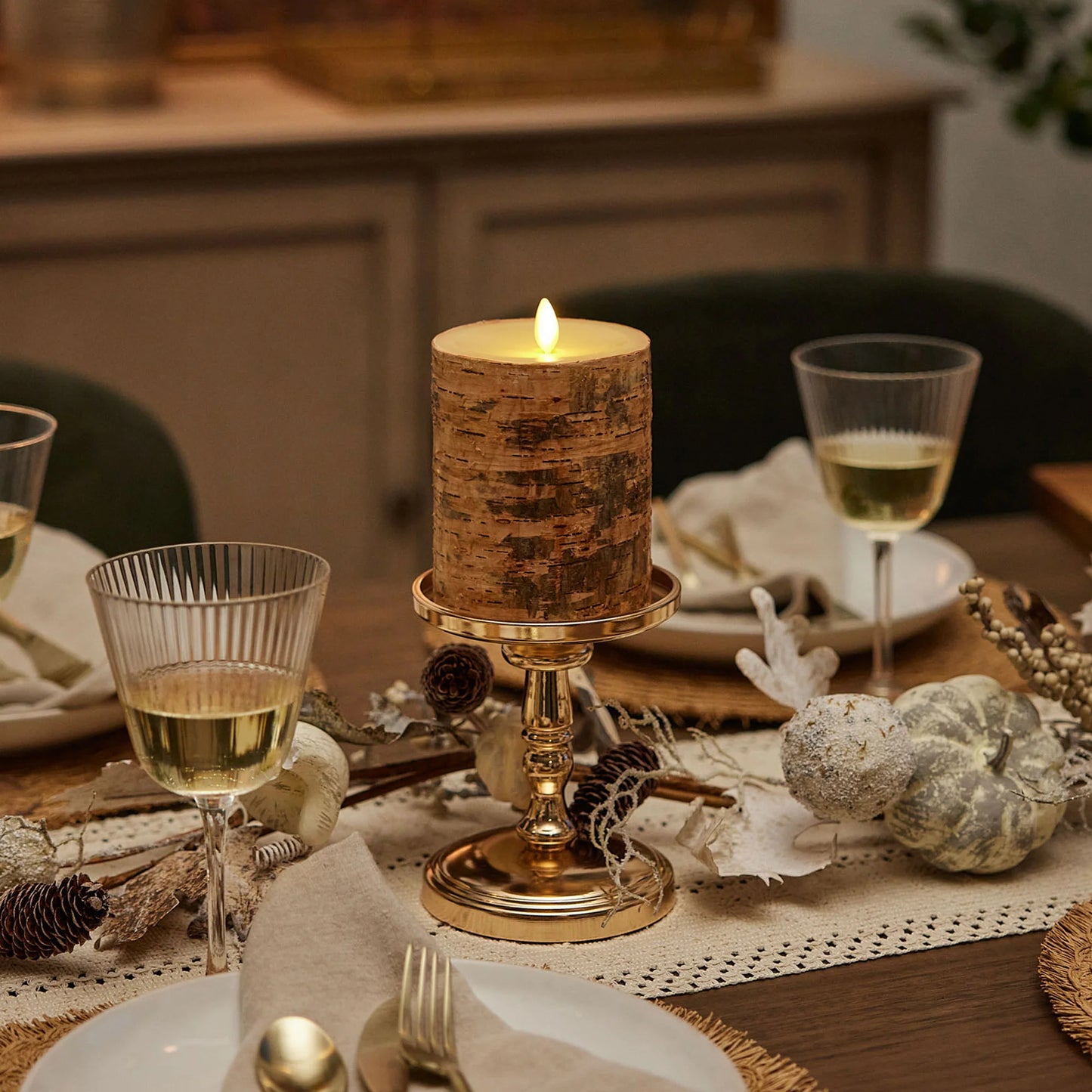 Real Birch Wood Flameless Candle Pillar - Recessed Top - 4" Width
