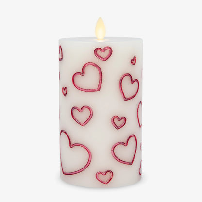 White Porcelain with Metallic Raspberry Hearts Flameless Candle Pillar