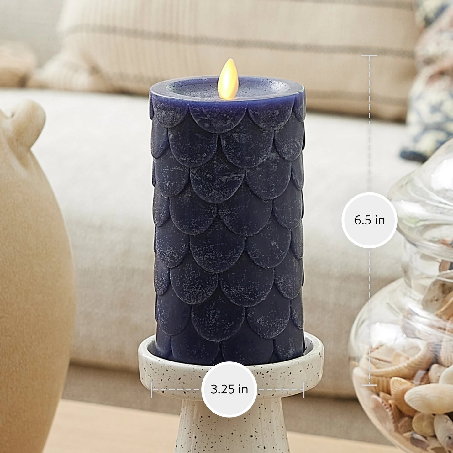 Midnight Blue Embossed Fish Scale Flameless Candle Pillar