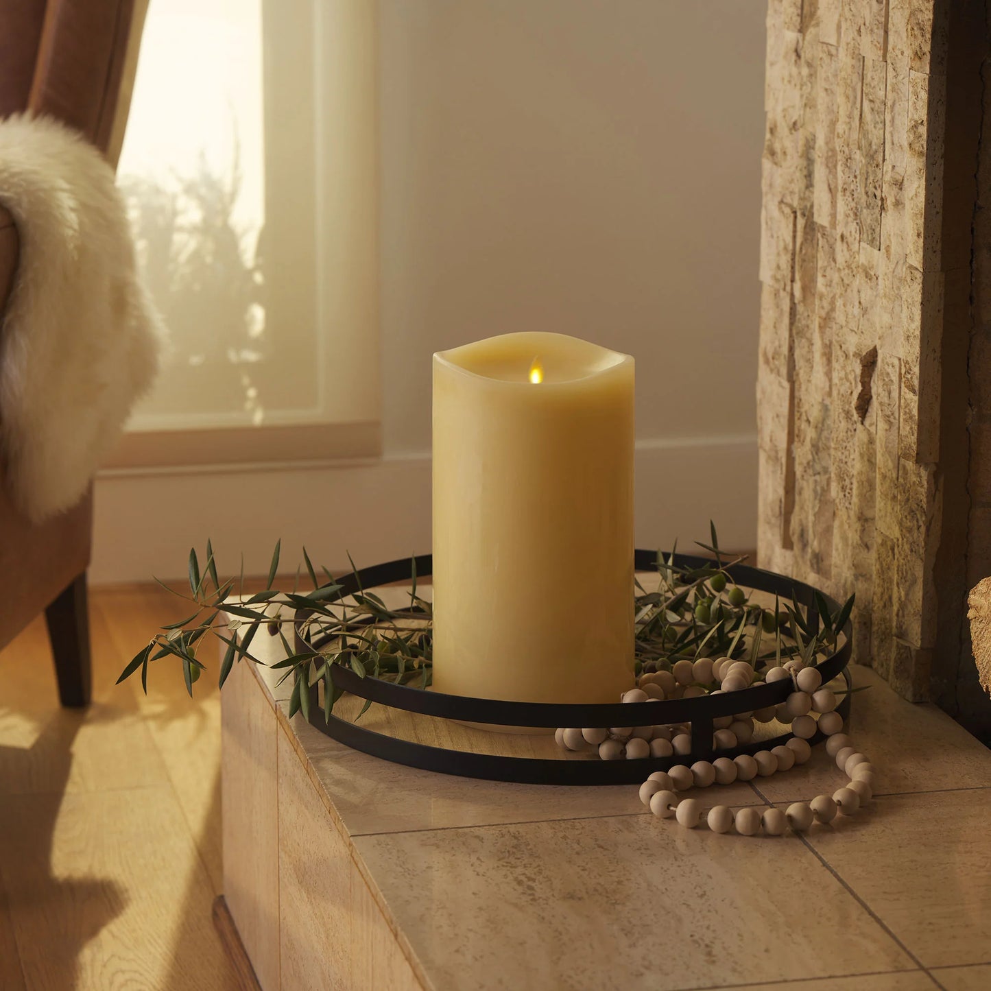 Ivory Flameless Candle Grand Pillar - Melted Top - 6.25" Width