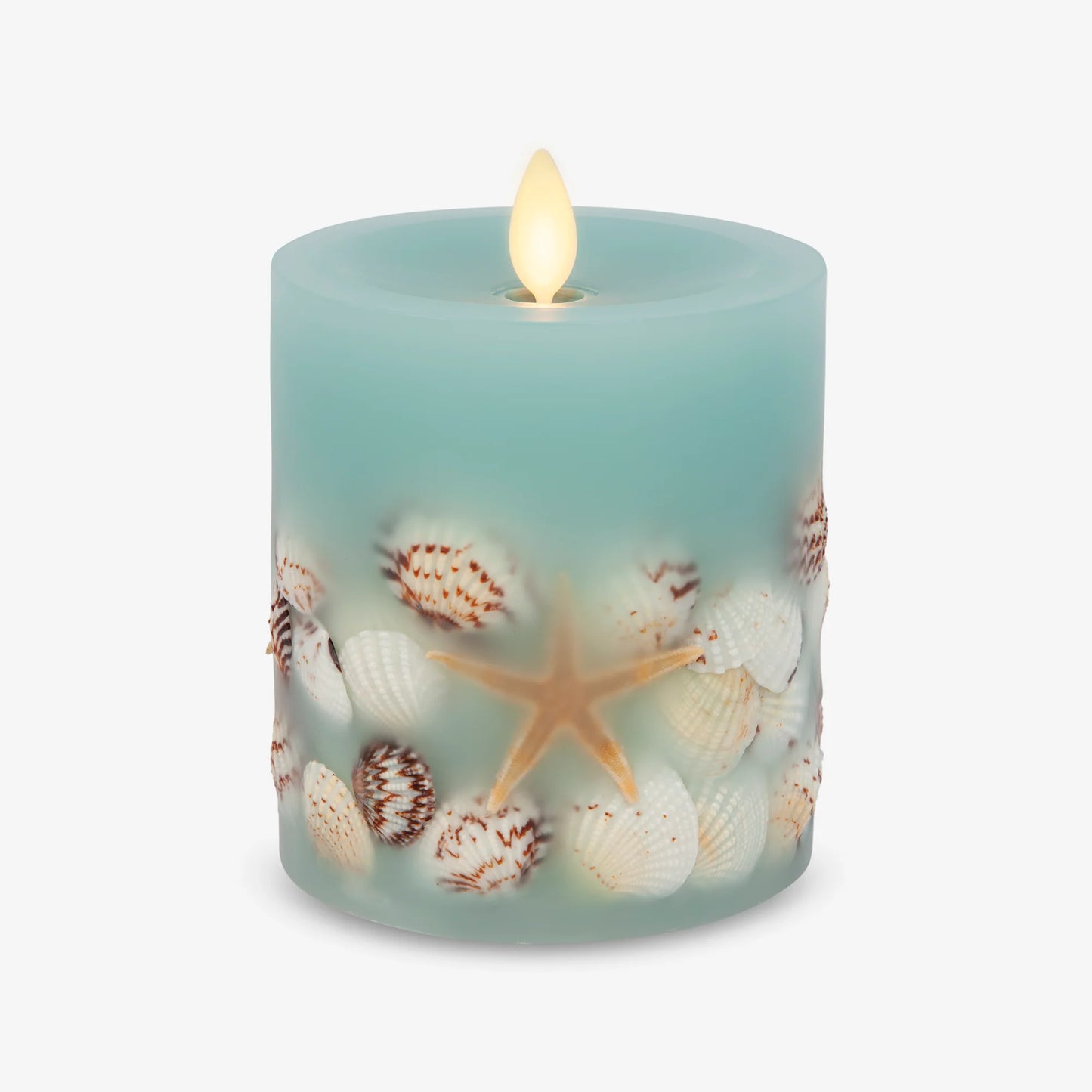 Soft Teal Embedded Seashell & Starfish Flameless Candle Pillar