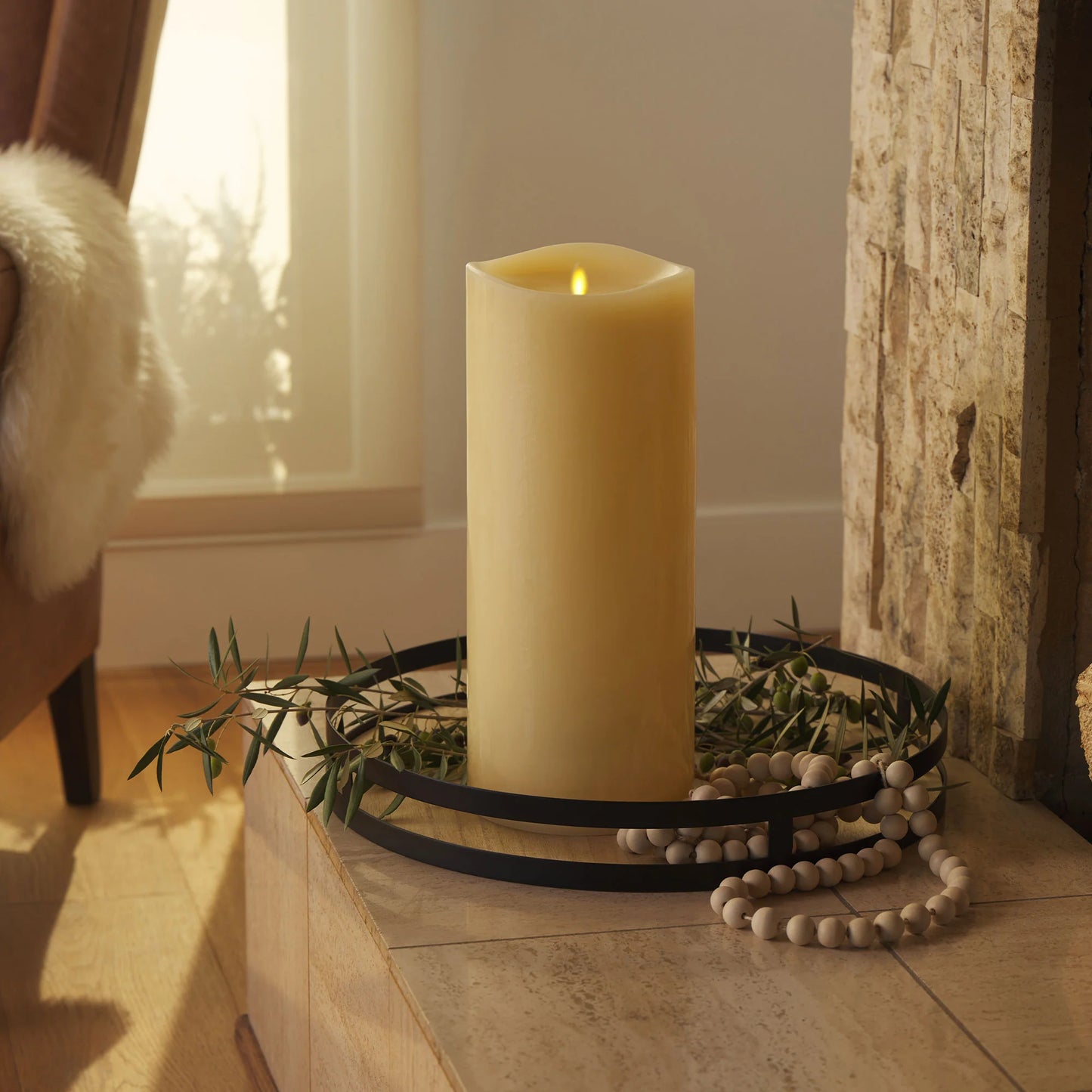 Ivory Flameless Candle Grand Pillar - Melted Top - 6.25" Width