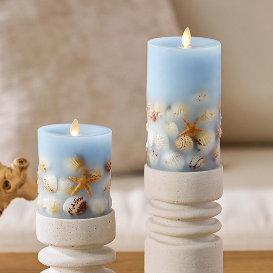 Soft Chambray Embedded Seashell & Starfish Flameless Candle Pillars