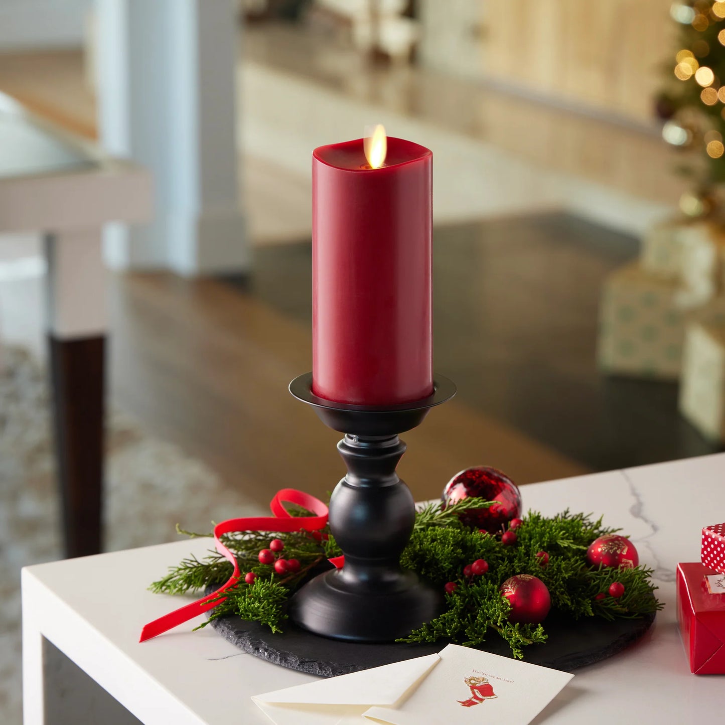 Burgundy Flameless Candle Pillar - Melted Top - 3" Width